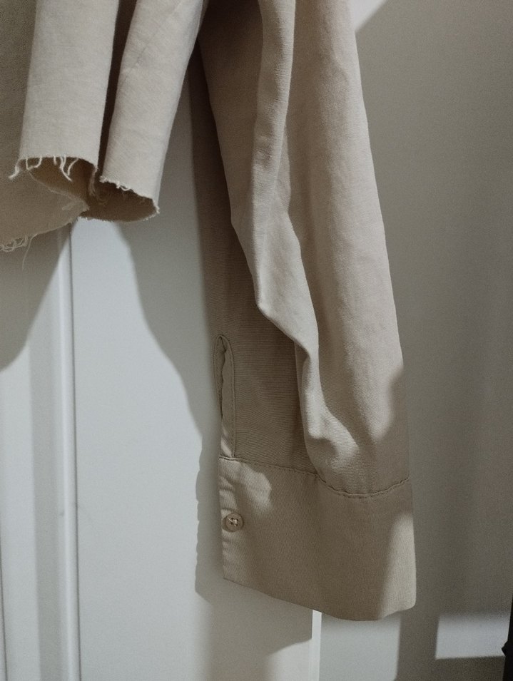 Bej Keten Mini Gömlek, Düğmeli, Salaş - Görsel 3