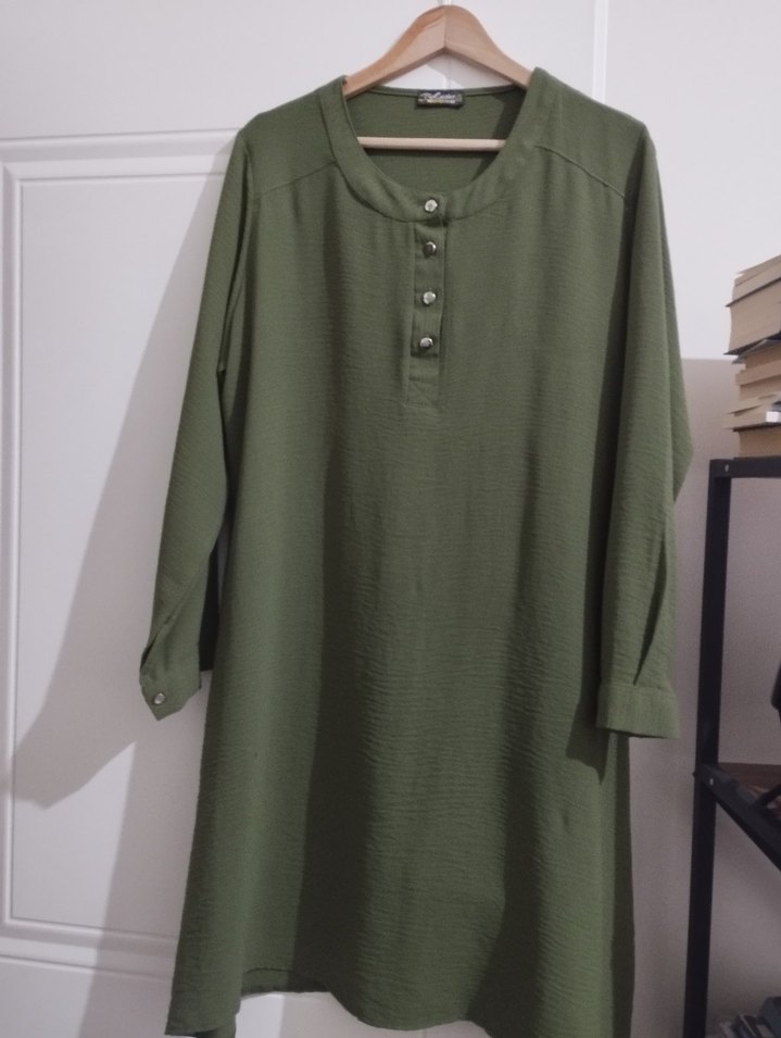Düğmeli Uzun Kollu Haki ayrobin Tunik - Görsel 2