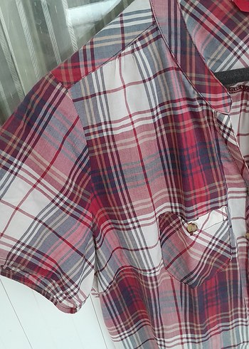 Kadın Kırmızı Ekose Kısa Kollu Gömlek - Görsel 3