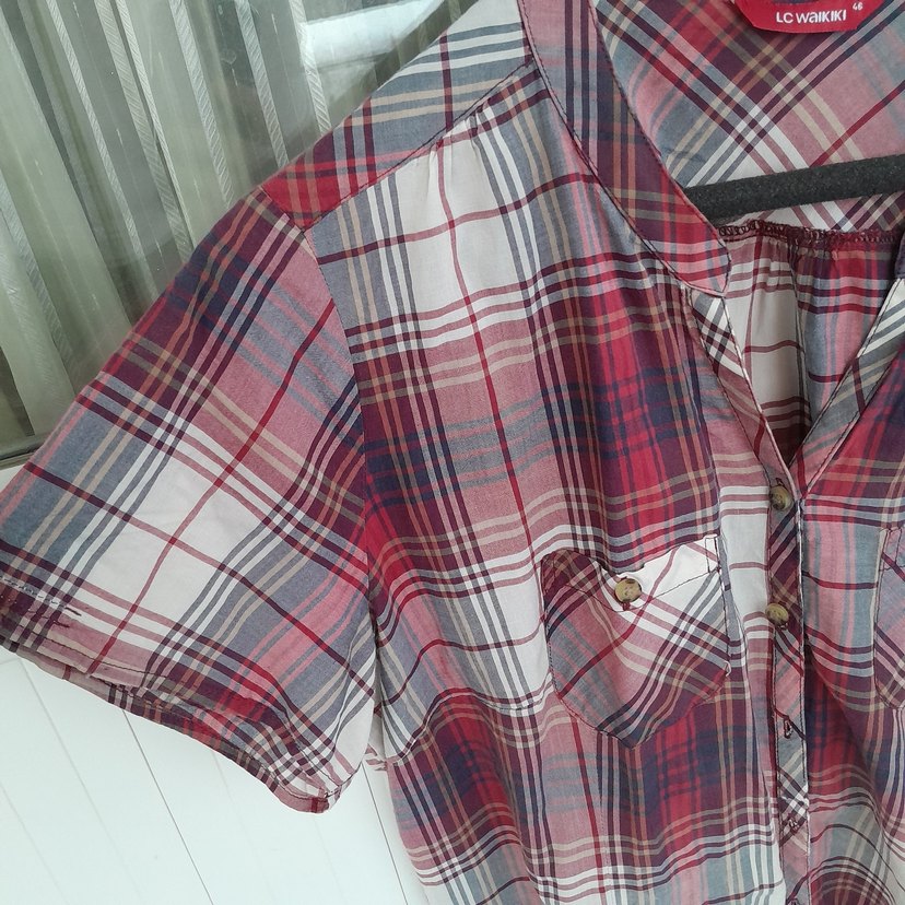 Kadın Kırmızı Ekose Kısa Kollu Gömlek - Görsel 3