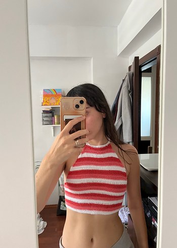Kadın Kırmızı Örgü Crop Top