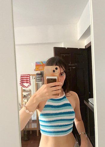 Mavi Batik Desenli Örgü Crop Top