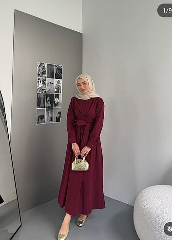 l Beden Bordo bağlamalı elbise 