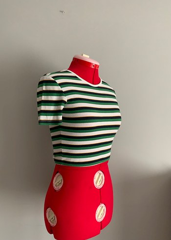 Çizgili Bohem Kısa Kollu Crop Top - Görsel 2