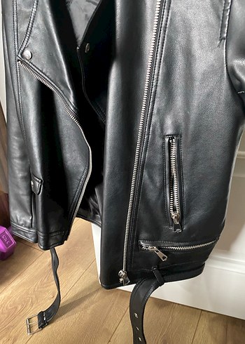 Siyah Kemerli Biker Deri Ceket - Görsel 3