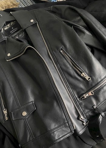 Siyah Kemerli Biker Deri Ceket - Görsel 5