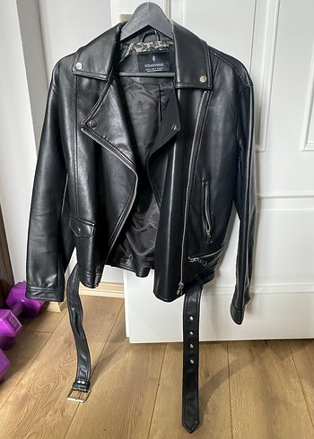 Siyah Kemerli Biker Deri Ceket - Görsel 2