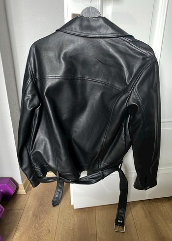 Siyah Kemerli Biker Deri Ceket - Görsel 4