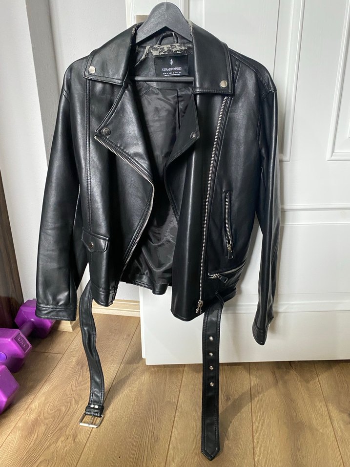 Siyah Kemerli Biker Deri Ceket - Görsel 2