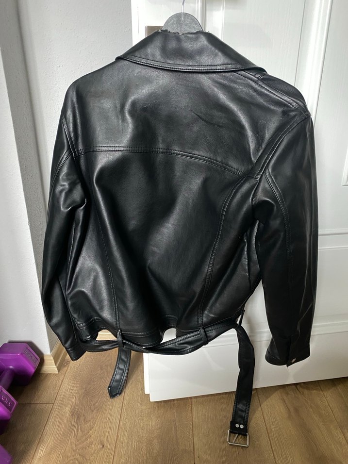 Siyah Kemerli Biker Deri Ceket - Görsel 4