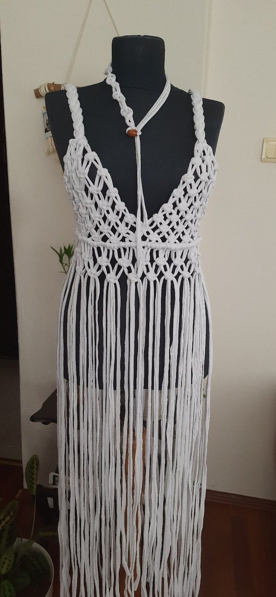 Bohem Beyaz Uzun Örgü Elbise - Görsel 2