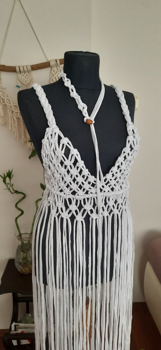 Bohem Beyaz Uzun Örgü Elbise - Görsel 3