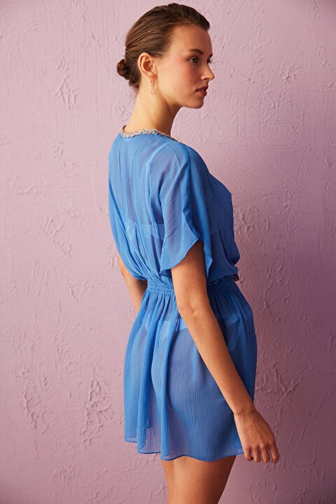 Mavi V Yakalı Bohem Mini Pareo - Görsel 3