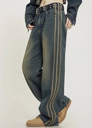 Şeritli Yıkamalı Mavi/Yeşil Baggy Jeans