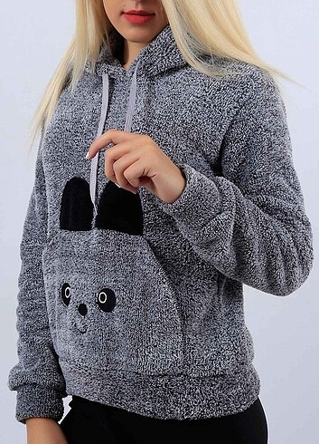 GRİ PELUŞ PANDA ŞAPKALI SWEATSHIRT 