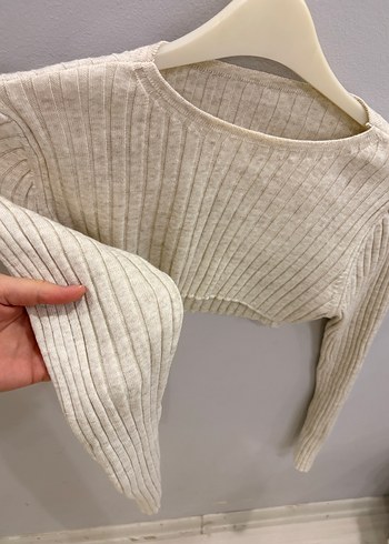 Krem Renk Fitilli Kısa Triko Kadın Kazak - Görsel 3