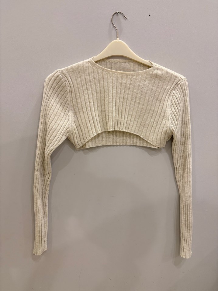 Krem Renk Fitilli Kısa Triko Kadın Kazak - Görsel 4