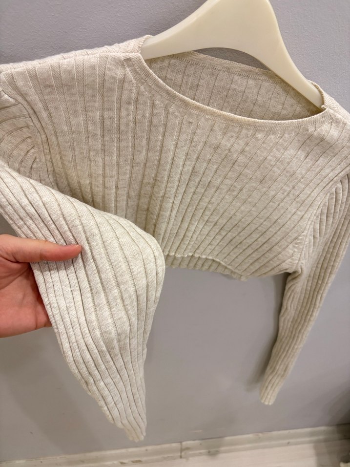 Krem Renk Fitilli Kısa Triko Kadın Kazak - Görsel 3