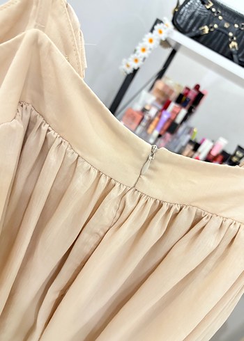 l Beden camel Renk Bej Mini Straplez Çiçekli Bohem Elbise