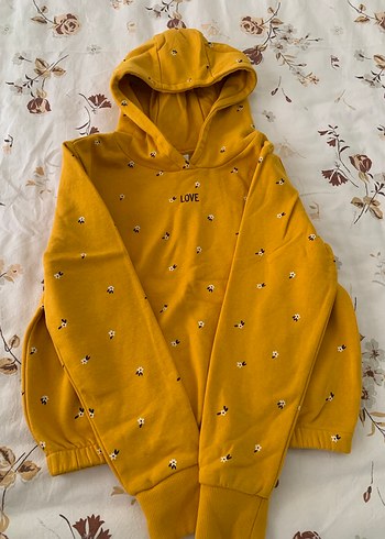 Sarı Kapüşonlu Nakışlı Kadın Sweatshirt - Görsel 3