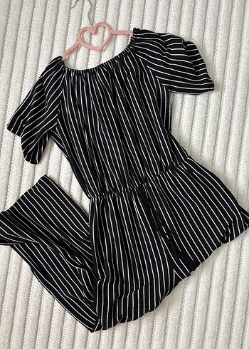 Kadın Siyah Çizgili Mini Tulum - Görsel 2