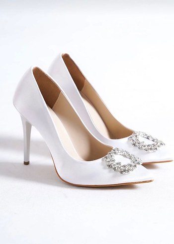 Beyaz Saten Taşlı Stiletto Gelin Ayakkabısı
