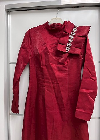 Bordo Uzun Kollu Drapeli Abiye Elbise - Görsel 3