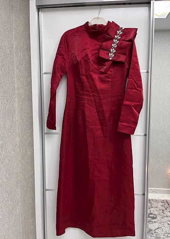 Bordo Uzun Kollu Drapeli Abiye Elbise - Görsel 2