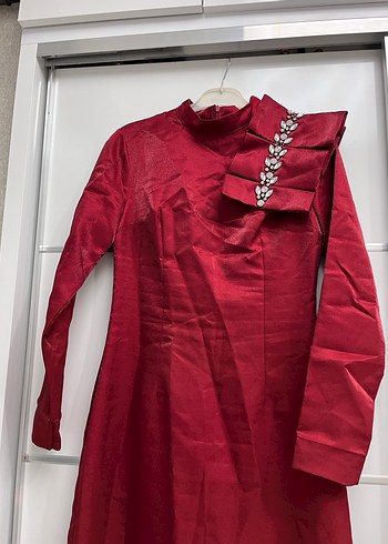 Bordo Uzun Kollu Drapeli Abiye Elbise - Görsel 4