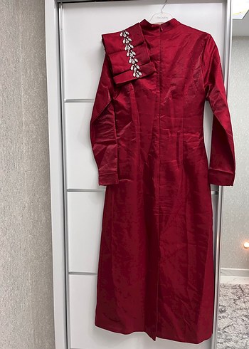 Bordo Uzun Kollu Drapeli Abiye Elbise - Görsel 6