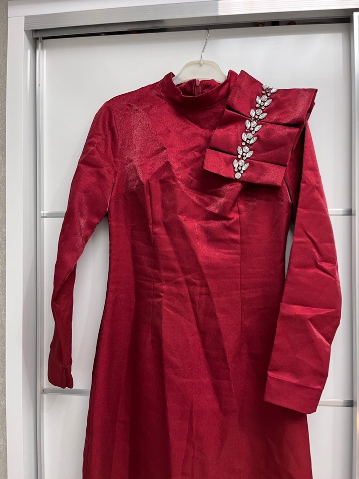 Bordo Uzun Kollu Drapeli Abiye Elbise - Görsel 3