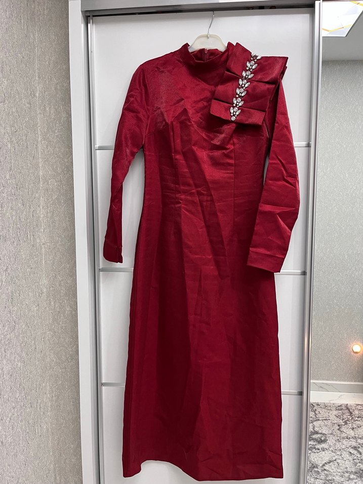 Bordo Uzun Kollu Drapeli Abiye Elbise - Görsel 2