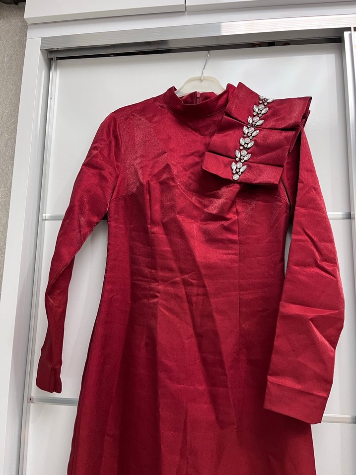 Bordo Uzun Kollu Drapeli Abiye Elbise - Görsel 4