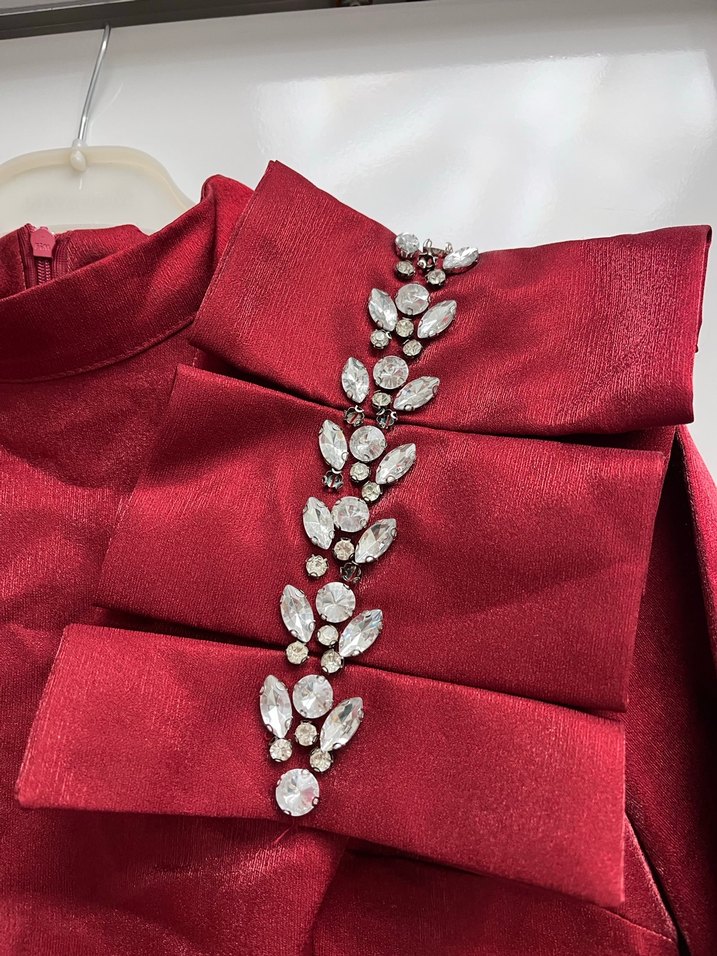 Bordo Uzun Kollu Drapeli Abiye Elbise - Görsel 5