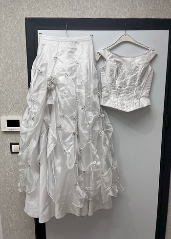 Vintage ikili Uzun Beyaz Straplez Gelinlik - Görsel 2