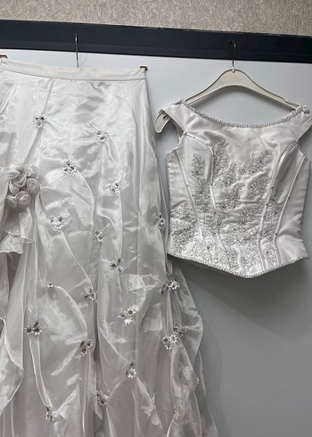 Vintage ikili Uzun Beyaz Straplez Gelinlik - Görsel 4