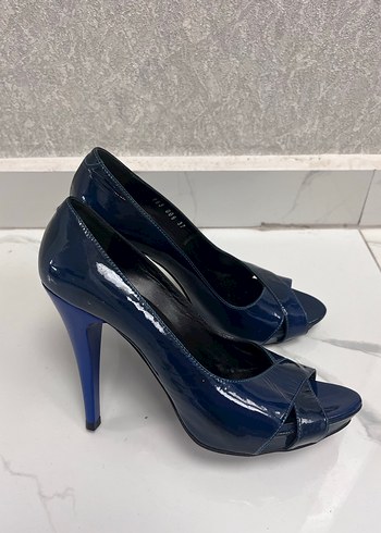 Vintage Parlak Lacivert Kadın Stiletto Topuklu - Görsel 2
