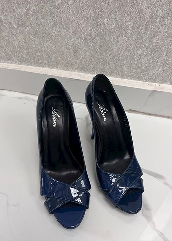 Vintage Parlak Lacivert Kadın Stiletto Topuklu - Görsel 4