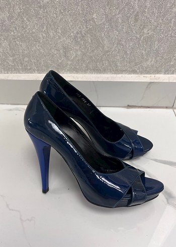 Vintage Parlak Lacivert Kadın Stiletto Topuklu - Görsel 3