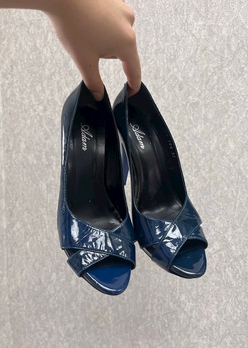 Vintage Parlak Lacivert Kadın Stiletto Topuklu - Görsel 6