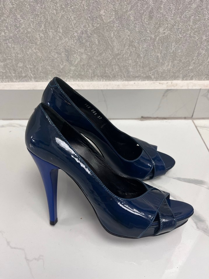 Vintage Parlak Lacivert Kadın Stiletto Topuklu - Görsel 2