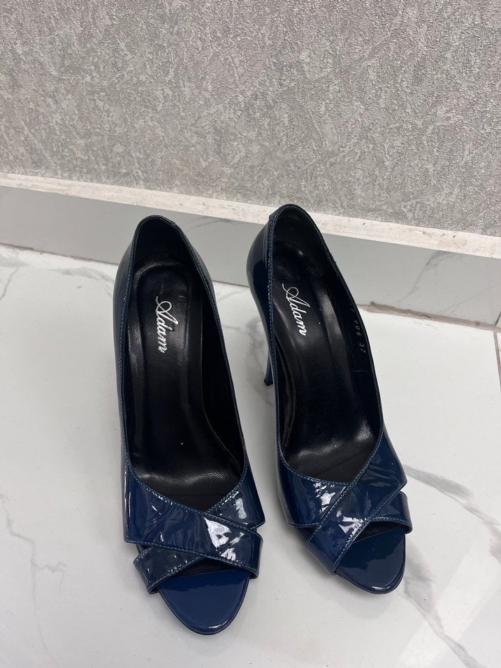 Vintage Parlak Lacivert Kadın Stiletto Topuklu - Görsel 4