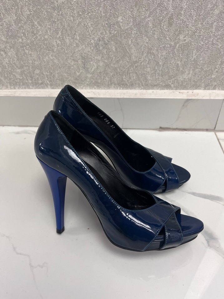 Vintage Parlak Lacivert Kadın Stiletto Topuklu - Görsel 3