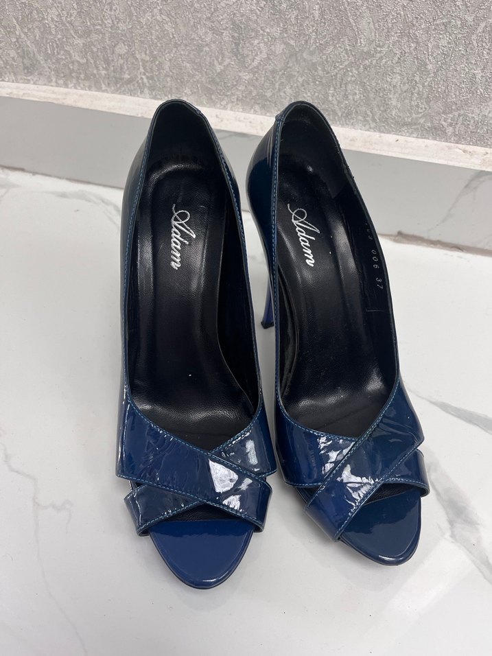 Vintage Parlak Lacivert Kadın Stiletto Topuklu - Görsel 5