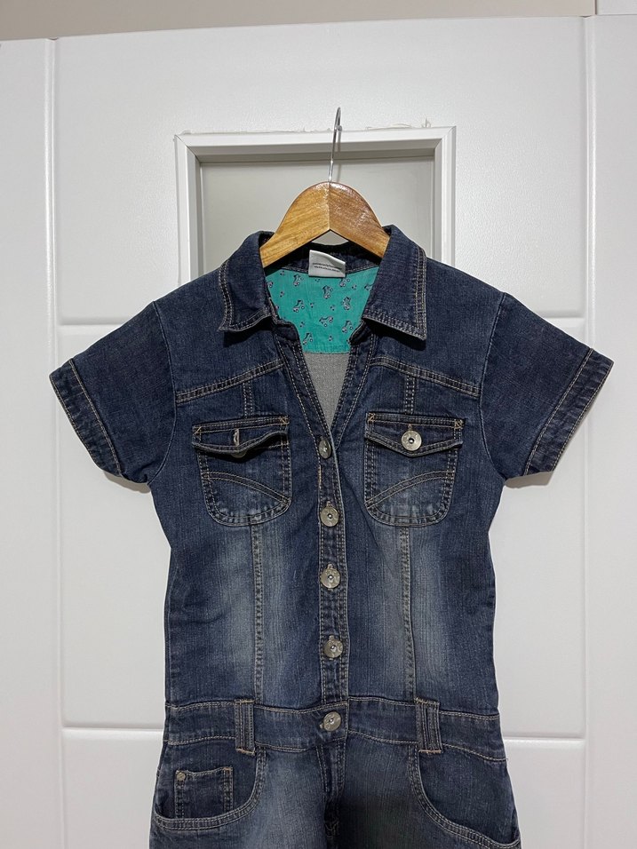 Vintage Y2K  Düğmeli Kısa Kollu Kot Tulum - Görsel 4