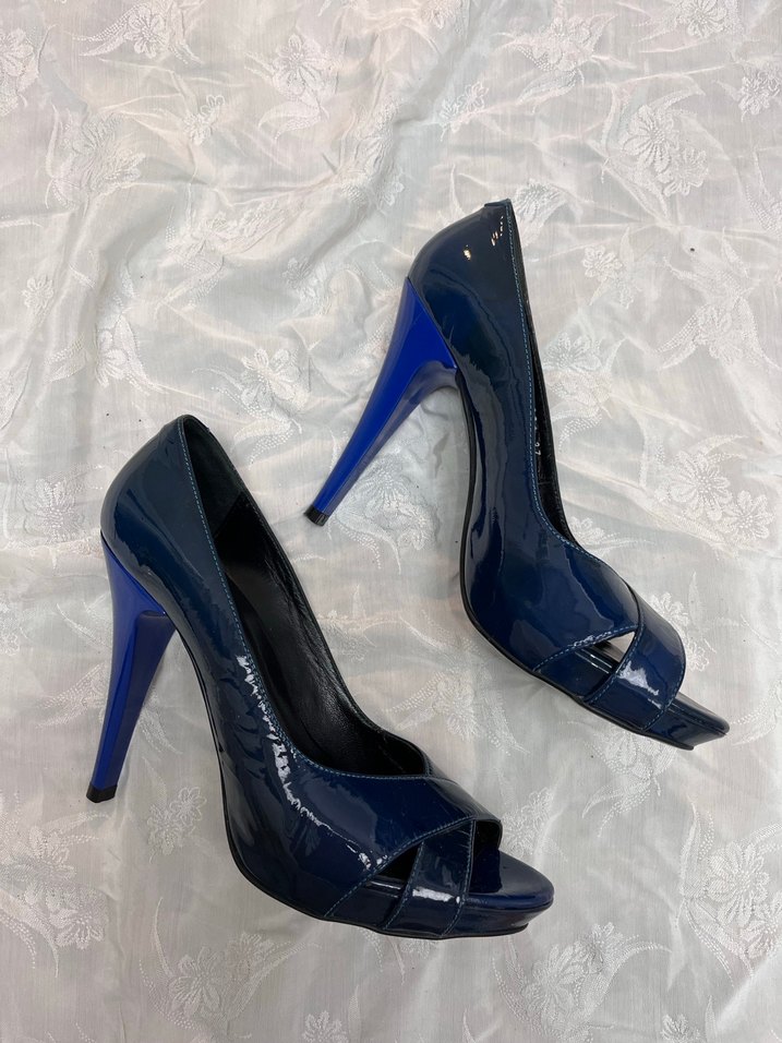 Vintage Y2K Kadın Lacivert Rugan Stiletto Topuklu Ayakkabı - Görsel 2