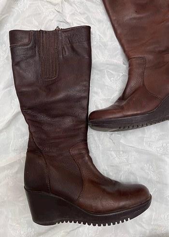 Vintage Y2K Deri Kadın Dolgu Topuklu Diz Boyu çizme - Görsel 3