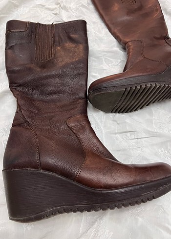 Vintage Y2K Deri Kadın Dolgu Topuklu Diz Boyu çizme - Görsel 4