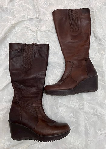 Vintage Y2K Deri Kadın Dolgu Topuklu Diz Boyu çizme - Görsel 2