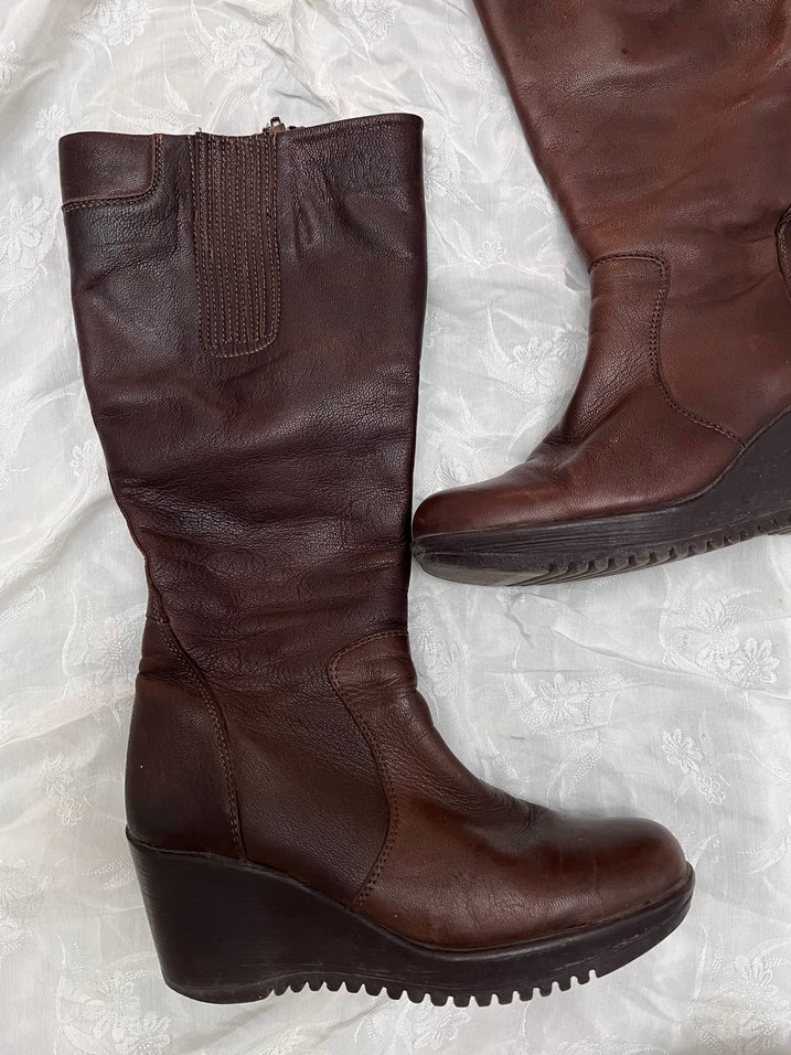 Vintage Y2K Deri Kadın Dolgu Topuklu Diz Boyu çizme - Görsel 3